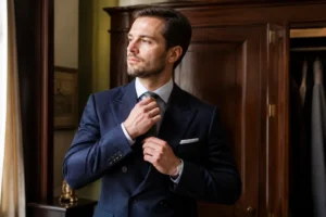 Un homme élégant ajuste sa cravate en portant un costume Kingsman sur mesure dans un dressing chic.
