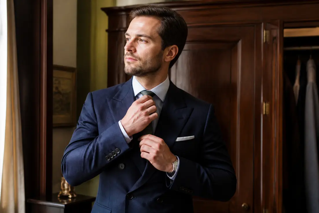 Un homme élégant ajuste sa cravate en portant un costume Kingsman sur mesure dans un dressing chic.