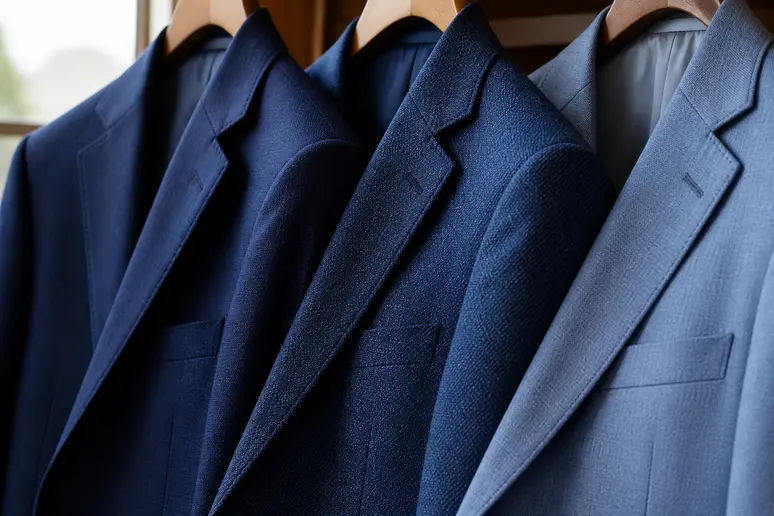 Trois vestes de costume mariage homme bleu suspendues montrent les nuances de marine, indigo et clair.