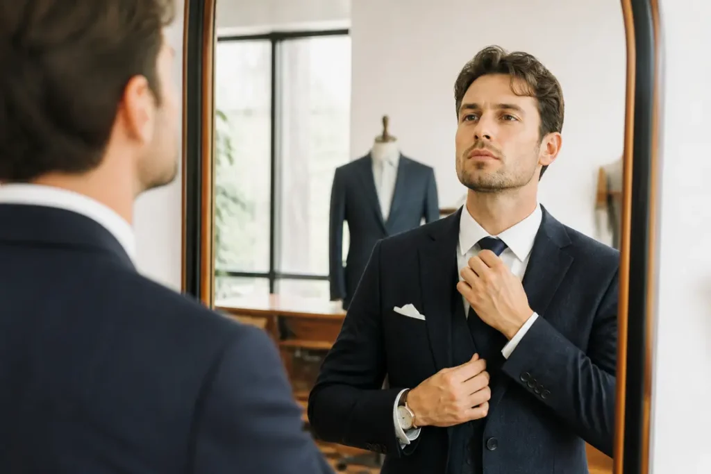 Un futur marié ajuste sa cravate en portant un costume mariage homme bleu sur mesure dans un atelier