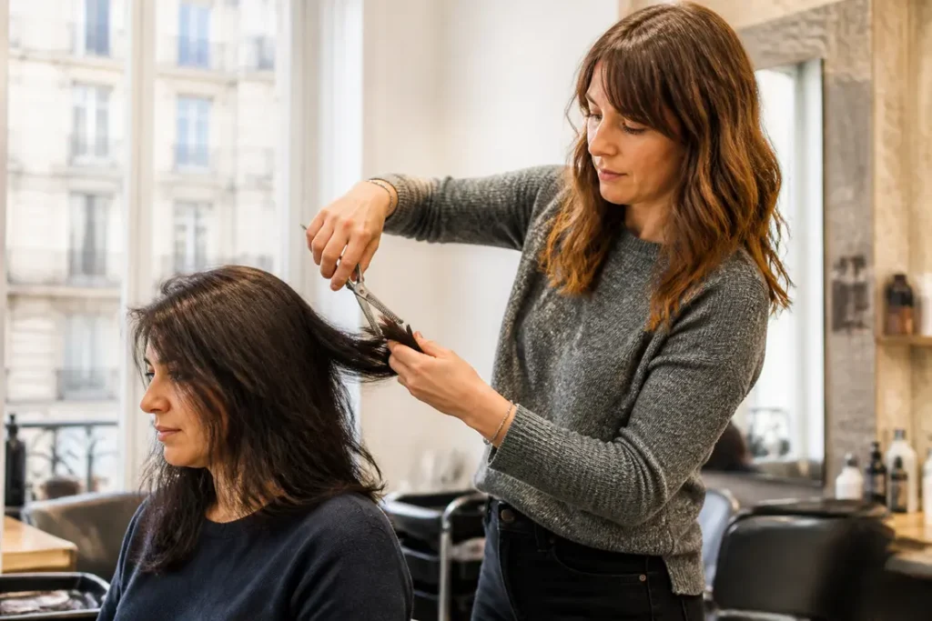 Un coiffeur professionnel utilise des ciseaux pour désépaissir une coupe femme cheveux épais dans un salon lumineux.