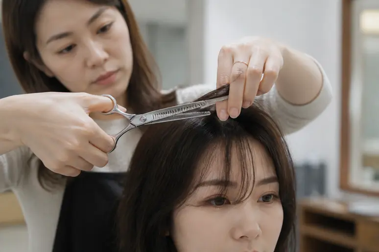 Mise en place d'une frange rideau effilée pour adoucir les traits du visage.