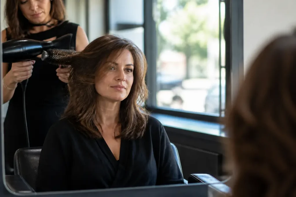 Découvrez comment la coupe femme visage carré adoucit les traits grâce à des mèches dégradées en salon.