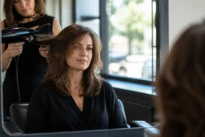 Découvrez comment la coupe femme visage carré adoucit les traits grâce à des mèches dégradées en salon.