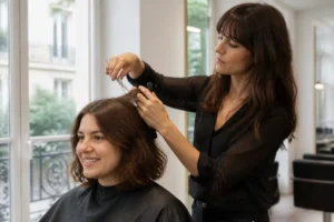 Une coiffeuse désépaissit une chevelure dense pour une coupe visage rond cheveux épais dans un salon lumineux