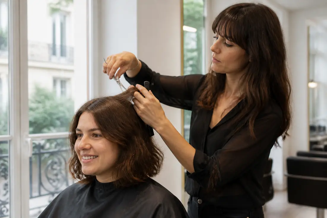Une coiffeuse désépaissit une chevelure dense pour une coupe visage rond cheveux épais dans un salon lumineux