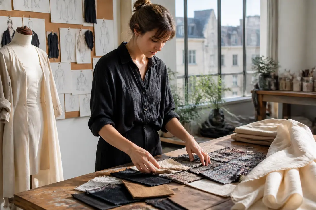 Jeune créateur indépendant dans son atelier parisien pour réussir dans la mode par ses propres moyens.