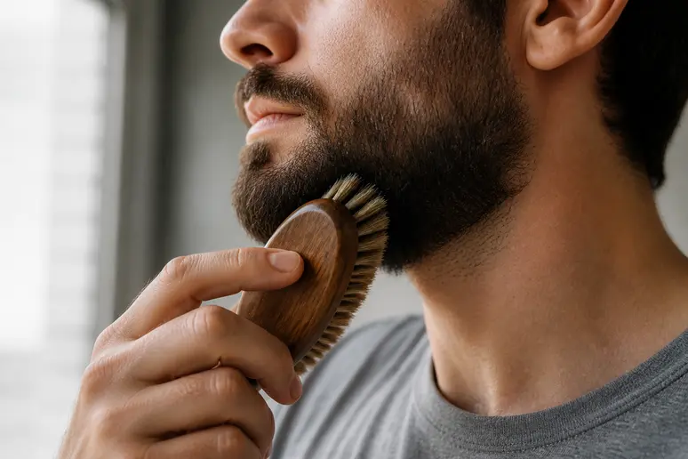 Brossage quotidien de la barbe pour entretenir la peau et éliminer les squames