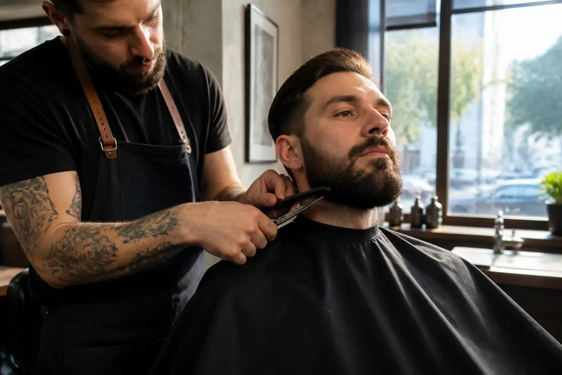 Un barbier professionnel façonne la coupe d'un homme barbe mode dans un salon lumineux.