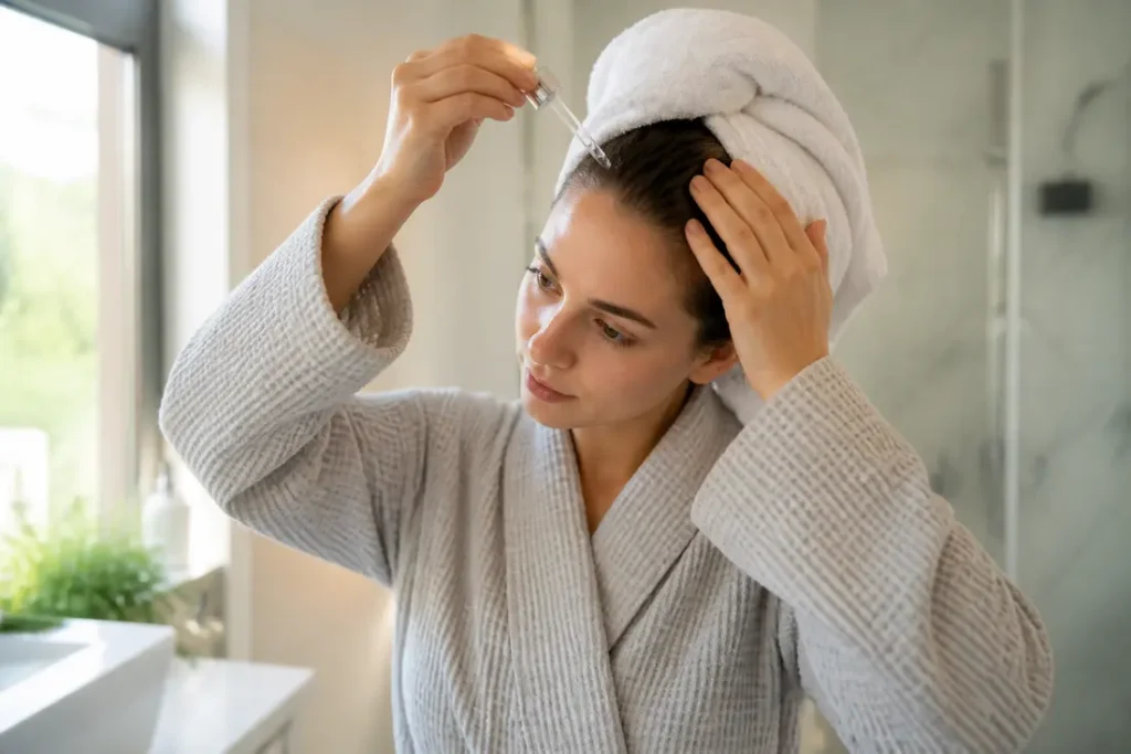 Femme appliquant un sérum léger pour une hydratation cuir chevelu dans sa salle de bains