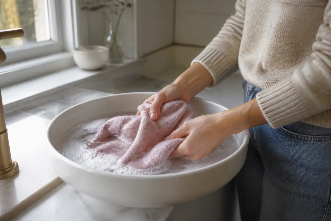 Délicat pull en laine plongé dans l'eau pour savoir comment laver cachemire main ou machine