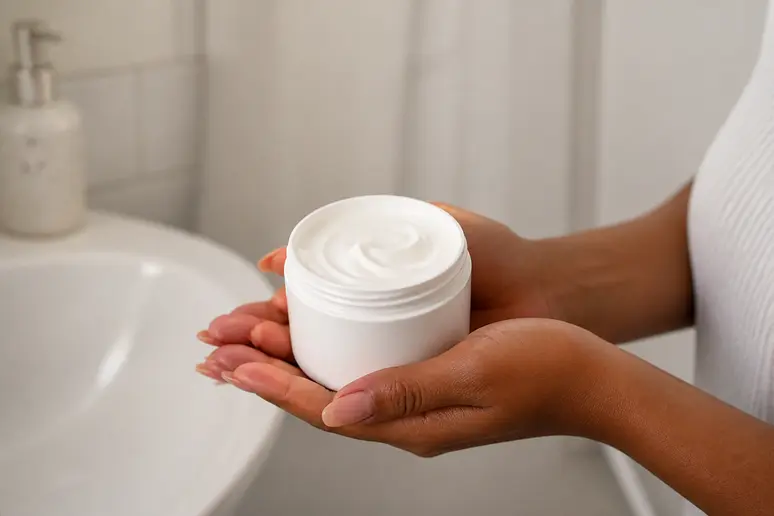 Noisette de crème leave-in légère pour cheveux bouclés tenue du bout des doigts