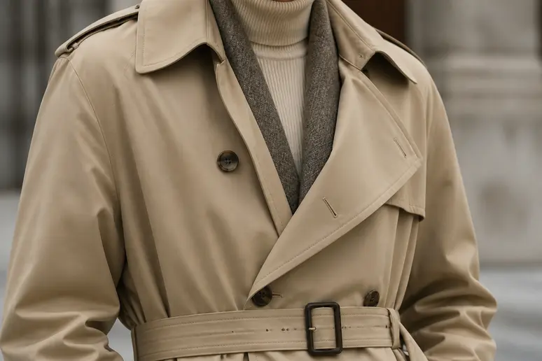 Trench-coat beige ceinturé et blazer en laine structurant la silhouette élégante.