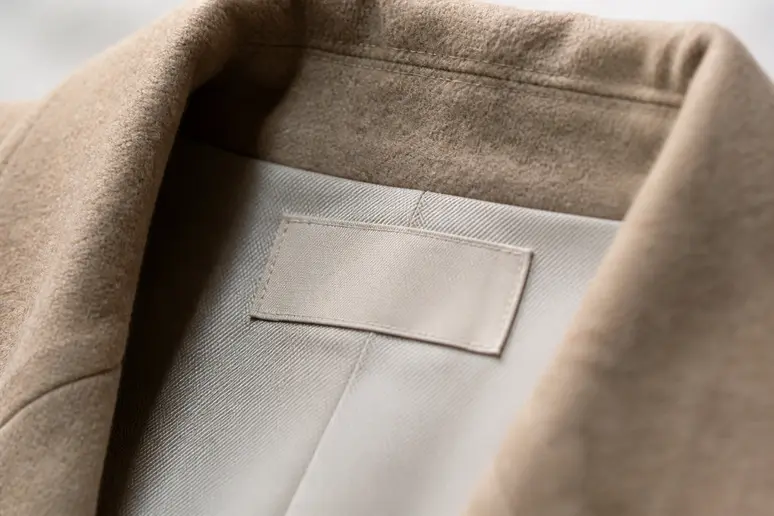 Étiquette textile cousue à l'intérieur d'un vêtement de prêt-à-porter indiquant la provenance.