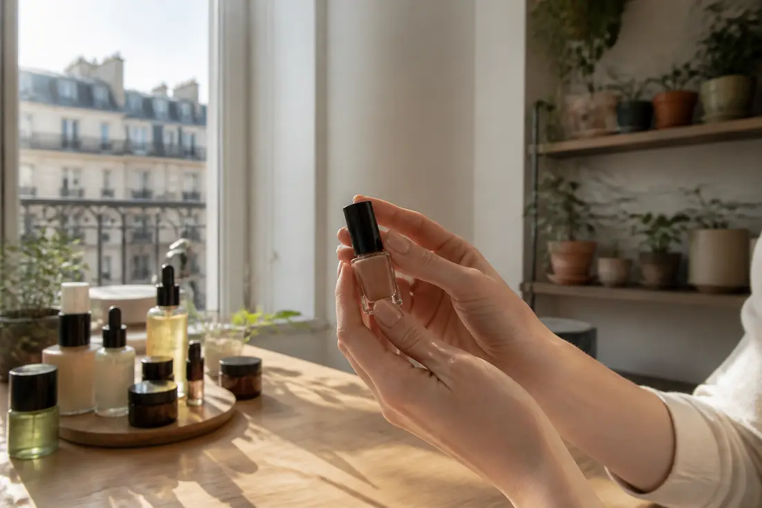 Manucurist avis vernis et soins sur une table en bois clair dans un intérieur lumineux