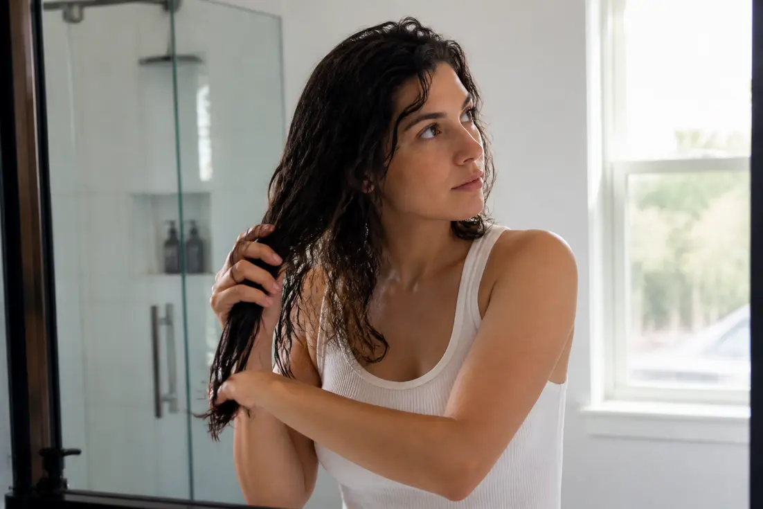 Personne appliquant de la mousse cheveux ondulés devant un miroir pour une routine capillaire