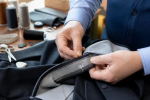 Couture d'une bande antidérapante sur la ceinture d'un pantalon qui descend dans un atelier