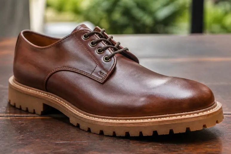 Chaussure de type derby marron en cuir gras avec semelle épaisse en gomme crantée.