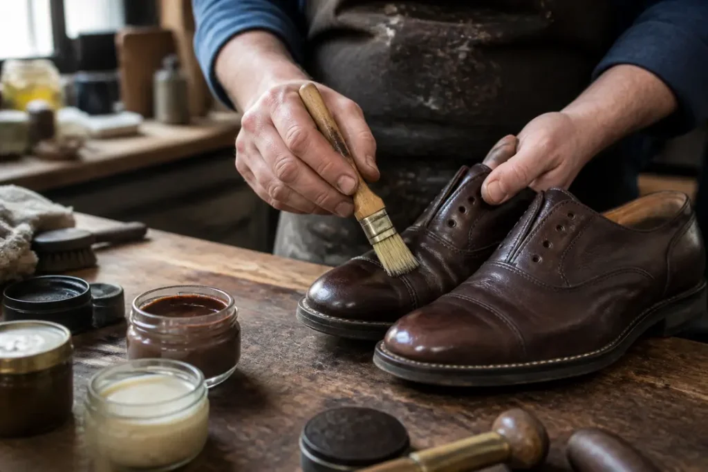 Un cordonnier entretient des chaussures en cuir gras dans son atelier pour un guide complet Paraboot.