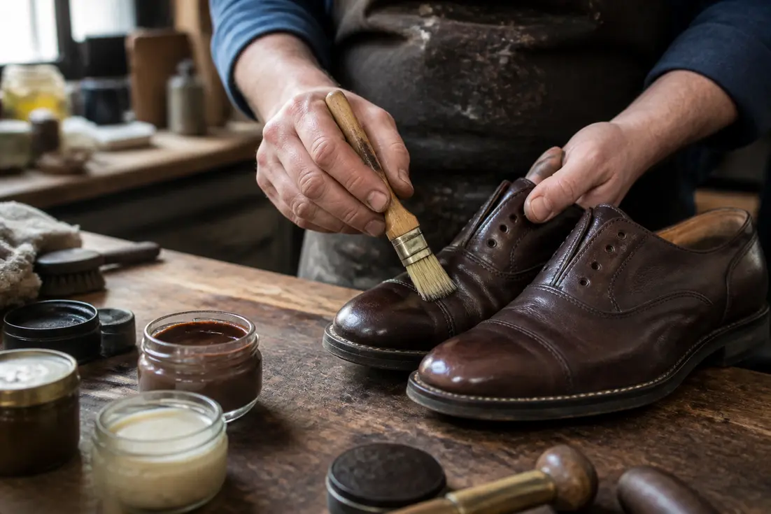 Un cordonnier entretient des chaussures en cuir gras dans son atelier pour un guide complet Paraboot.