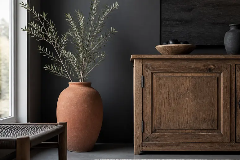 Mur gris anthracite profond mis en valeur par un vase terracotta et des accents en bois naturel
