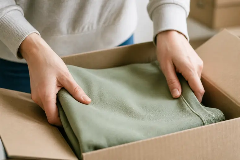 Mains préparant un colis pour un retour vinted remboursement avec soin
