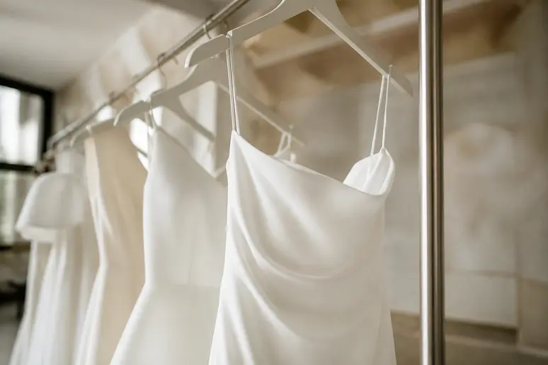 Détail de la texture et de la coupe fluide d'une robe de mariée moderne de milieu de gamme