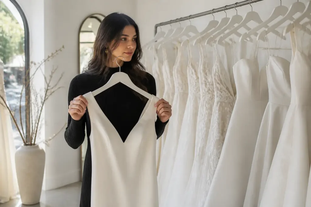 Jeune femme essayant une élégante robe de mariée moderne dans une boutique lumineuse de prêt-à-porter.