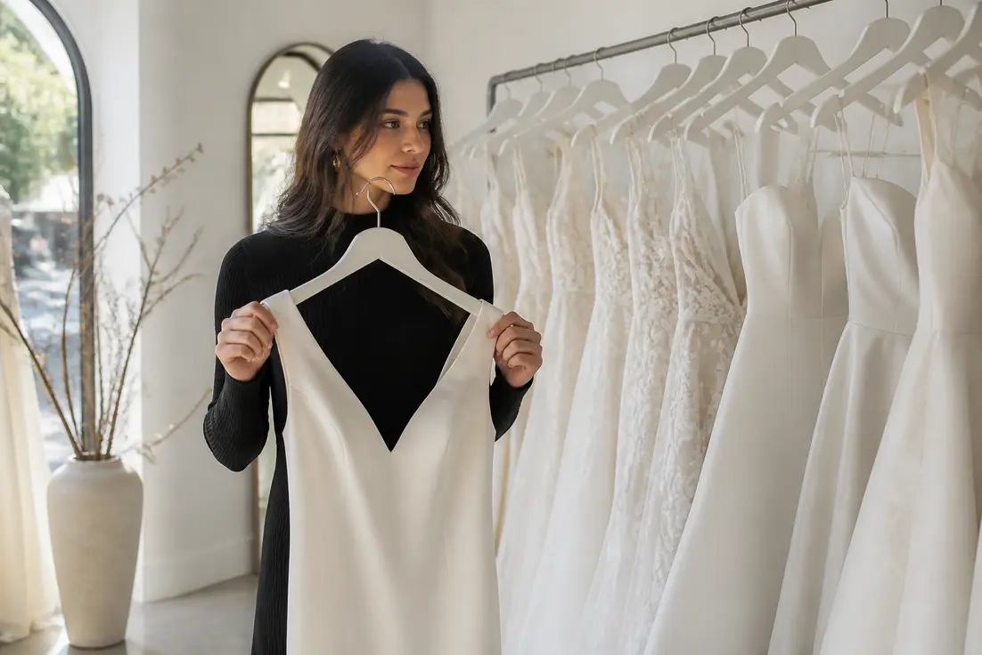 Jeune femme essayant une élégante robe de mariée moderne dans une boutique lumineuse de prêt-à-porter.