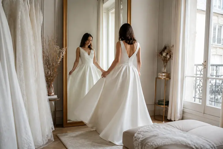 Future mariée essayant une robe de mariée romantique dans un atelier lumineux