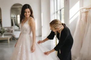 Une future mariée essayant une robe de mariée romantique dans un atelier lumineux
