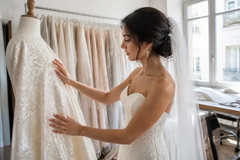 Tissu de robe de mariée sur mesure examiné attentivement en atelier par une cliente