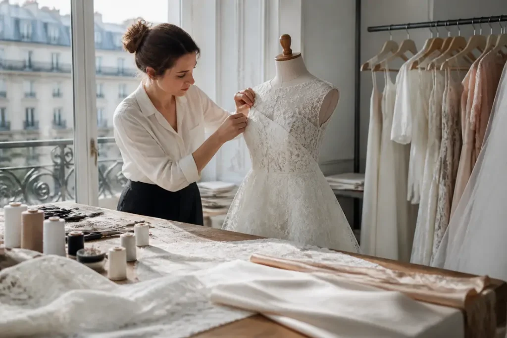 couturière ajustant une robe de mariée sur mesure dans un atelier lumineux