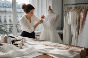 couturière ajustant une robe de mariée sur mesure dans un atelier lumineux