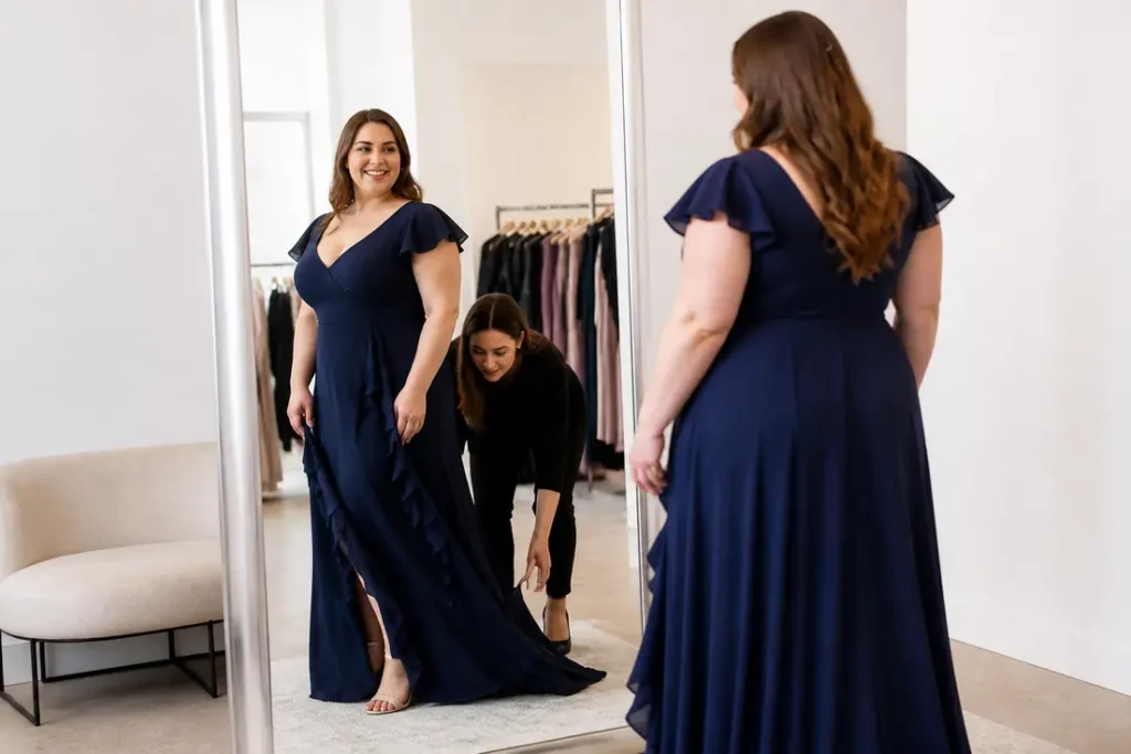 Une femme souriante essaie une robe invitée mariage grande taille dans une boutique lumineuse.