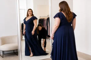 Une femme souriante essaie une robe invitée mariage grande taille dans une boutique lumineuse.