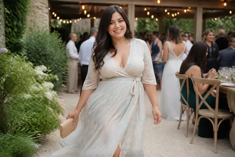 Robe midi fluide et confortable portée par une invitée de mariage au printemps