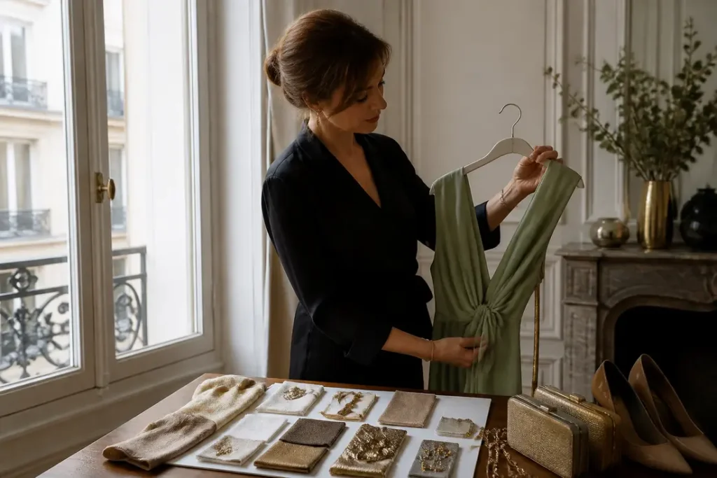 Une femme choisit des accessoires assortis à une robe invitée mariage vert sauge posée sur une table lumineuse