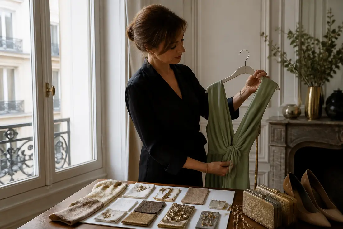 Une femme choisit des accessoires assortis à une robe invitée mariage vert sauge posée sur une table lumineuse