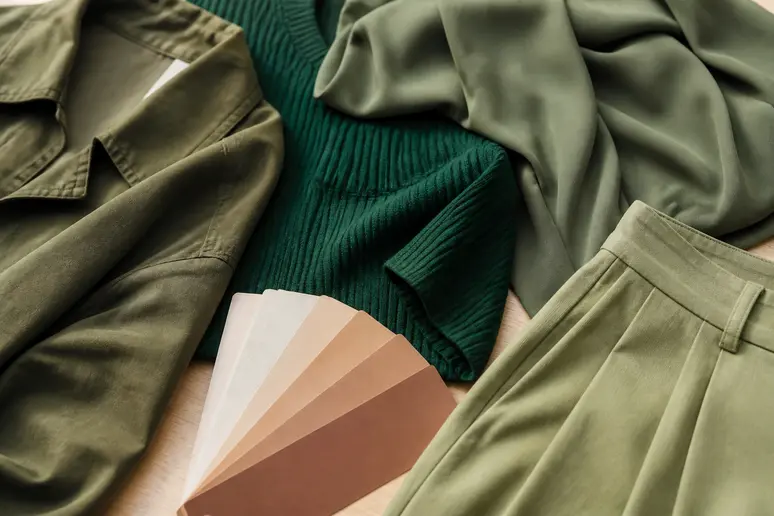 vêtements aux nuances de vert variés disposés pour illustrer la colorimétrie mode