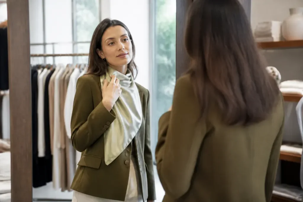 Femme essayant un blazer vert dans une boutique lumineuse pour illustrer la couleur verte mode.