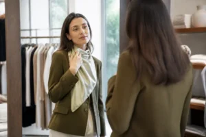 Femme essayant un blazer vert dans une boutique lumineuse pour illustrer la couleur verte mode.