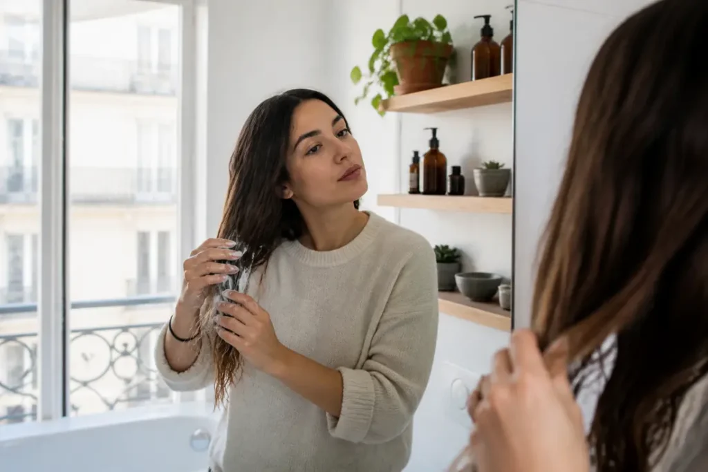 Jeune femme appliquant un soin cheveux abîmés sur ses pointes dans une salle de bain lumineuse