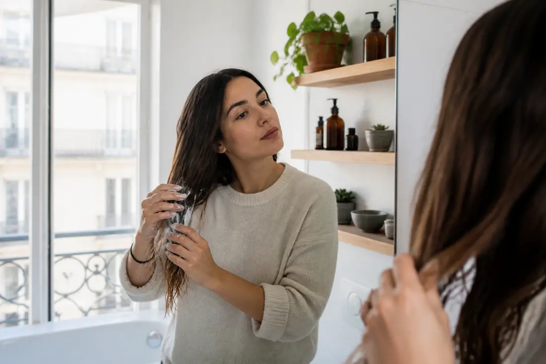 Jeune femme appliquant un soin cheveux abîmés sur ses pointes dans une salle de bain lumineuse