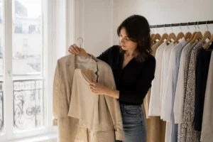 Femme organisant ses vêtements sur un portant pour trouver son style personnel femme.