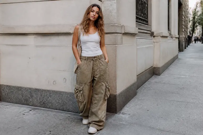 Jeune femme portant un pantalon cargo large et un débardeur ajusté pour un look Y2K femme
