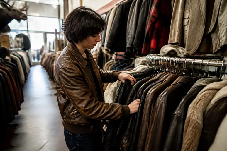 Sélection de vestes en cuir et de vêtements de seconde main dans une friperie alternative