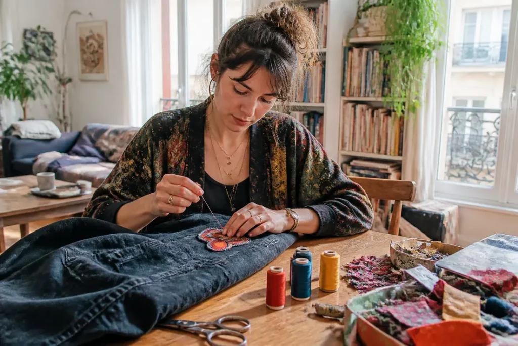 Une personne personnalise une veste en jean en adoptant les styles underground grâce à la couture.
