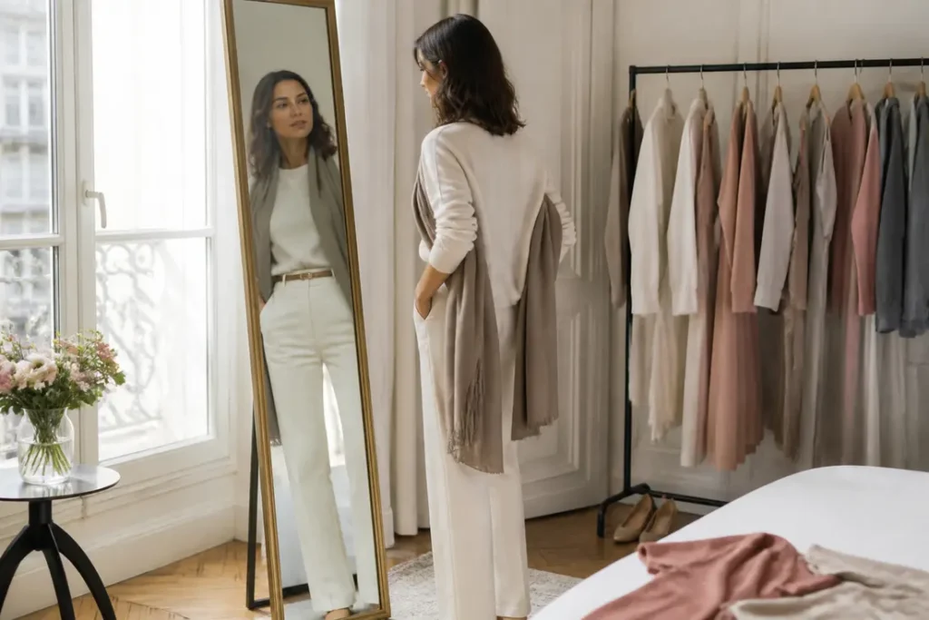 Une femme élégante compose sa tenue anniversaire femme parfaite dans sa chambre lumineuse en suivant la règle des trois couleurs