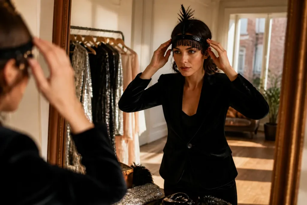 Une femme élégante choisit une tenue cabaret femme avec des accessoires vintage étincellants dans une pièce chaleureuse.